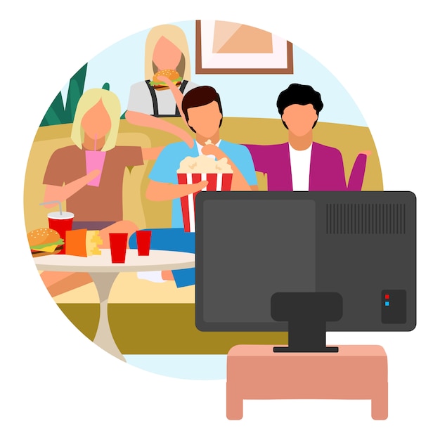 Movie time flat concept icon. Friends watching TV and eating snacks, popcorn. Weekend activity sticker. Best friends spending time together, pastime. Isolated cartoon illustration on white background