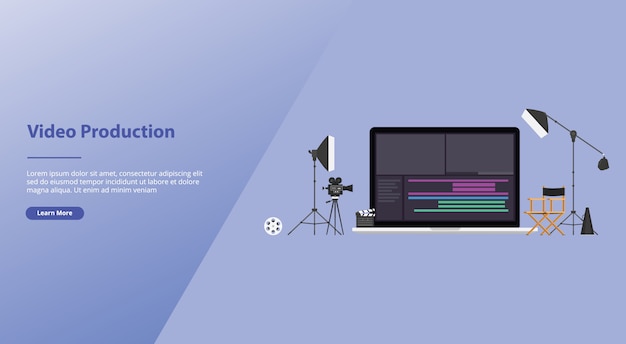 Vector movie or video production with team video editor with some tools to edit videos with modern flat style.