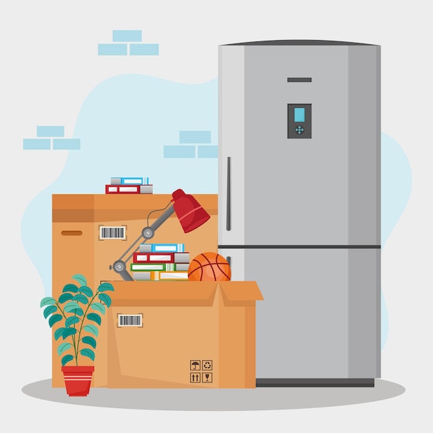 Moving fridge and boxes illustration