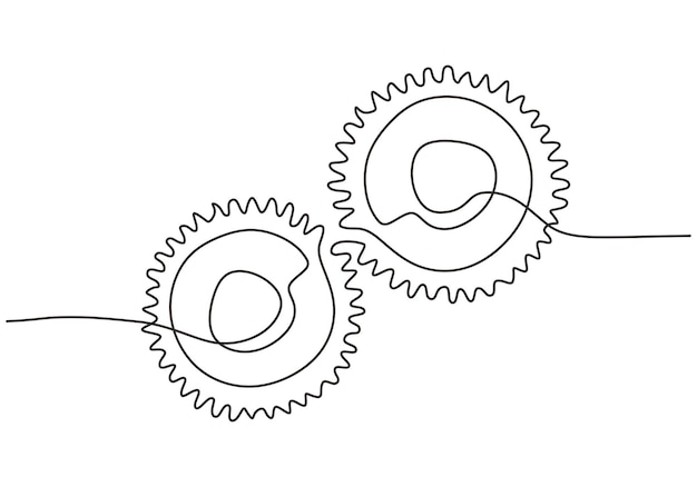 Moving gears wheels in continuous line drawing minimalist design Round wheel metal symbol company logotype template for business teamwork concept line art graphic design vector illustration