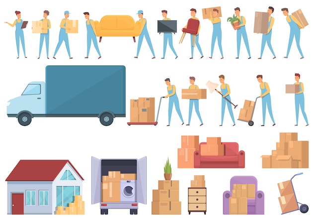 Moving house services icons set cartoon vector. Storehouse box. Cargo warehouse