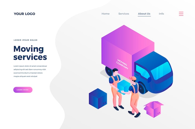 Vector moving house services isometric landing page template workers loading cardboard boxes in truck cartoon characters