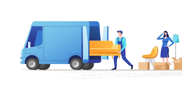 Moving house. Woman packing stuff to move to new house or apartment. illustration.