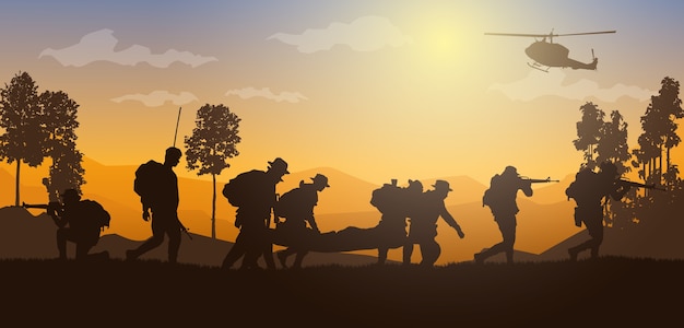 Moving injured person, Military  illustration, Army background, soldiers silhouettes, Artillery, Cavalry, Airborne, Army Medical.