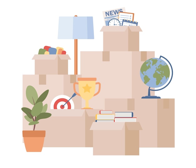 Moving to new house concept. Relocation symbol. Paper cardboard boxes with various household items.