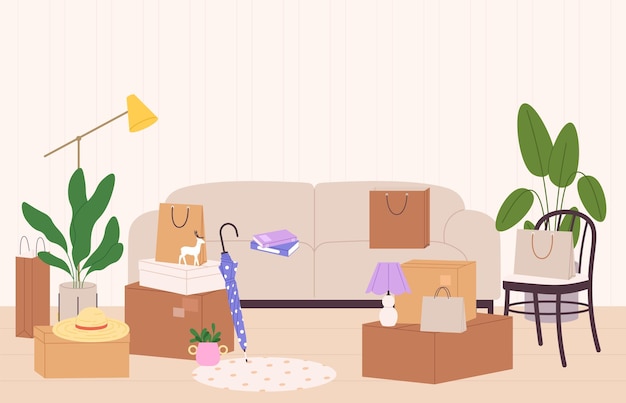 Vector moving process things in card boxes and bags luggage and home interior elements furniture new apartment design or renovation vector concept