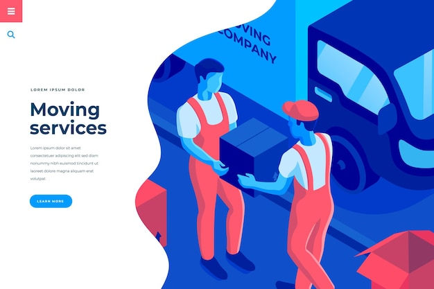 Moving service isometric vector illustration for landing page header template or web banner with copy space for text Male characters couriers shipping package boxes