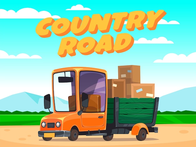 Moving truck with boxes. Country road. Cars set. Cartoon style.  Cute car concept art.