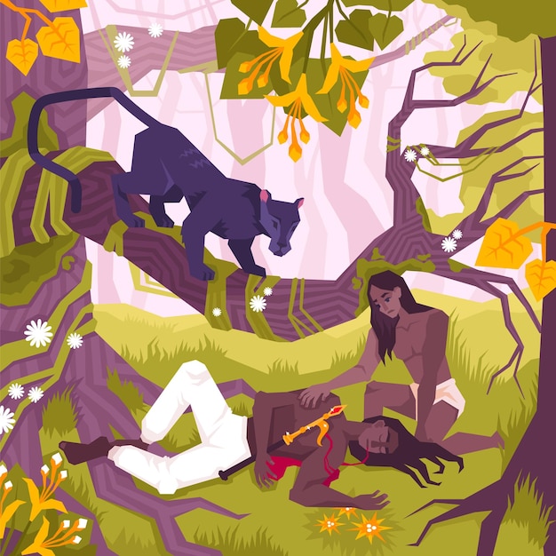 Mowgli color flat composition with the story of the wound in the jungle vector illustration