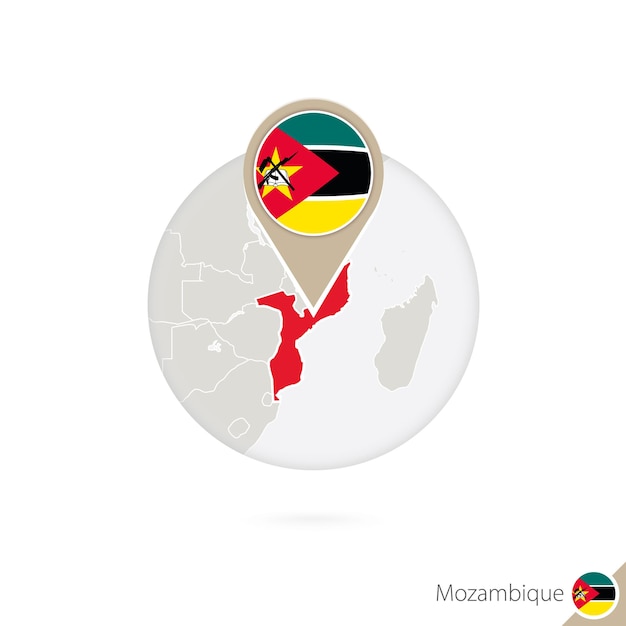 Mozambique map and flag in circle. Map of Mozambique, Mozambique flag pin. Map of Mozambique in the style of the globe. Vector Illustration.