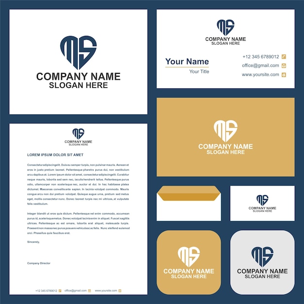 ms initial logo love vector design and business card premium