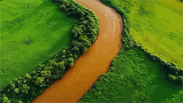 Vector muddy river flows in lush green landscape aerial view