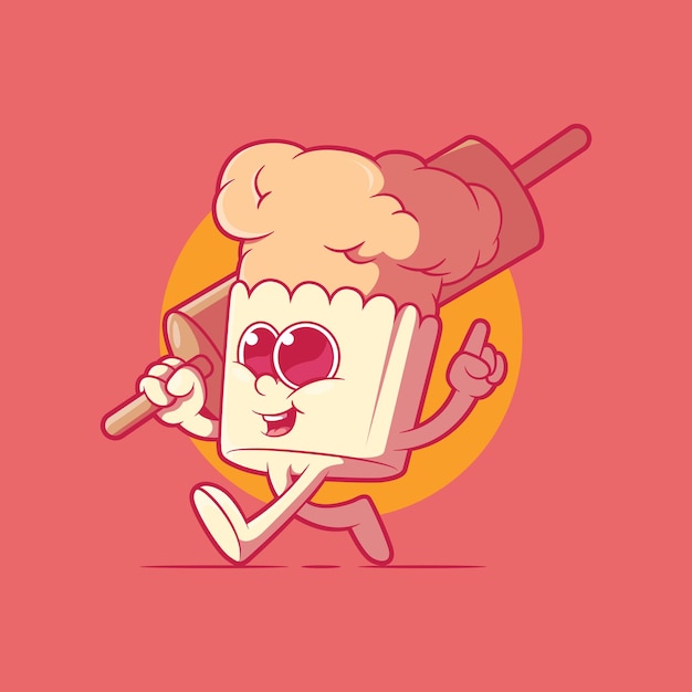 Muffin character holding a dough roller vector illustration. Food, funny, brand design concept.