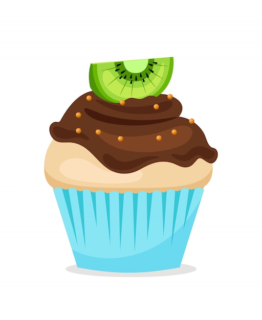 Vector muffin or sweet cupcake with chocolate glaze and kiwi on top. vector dessert