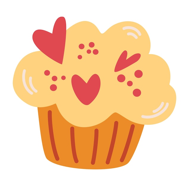 Muffin with hearts. Sweet dessert food. Cupcake with vanilla cream for Valentines day. Vector cartoon illustration. Isolate on a white background.