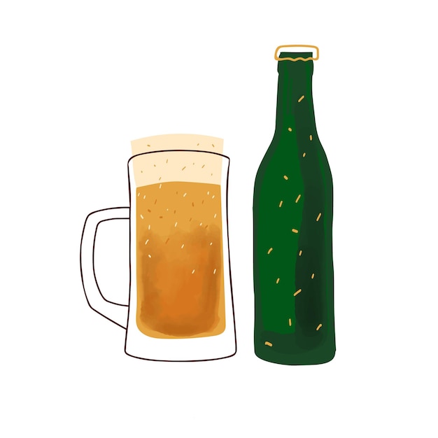 Mug of beer and green bottle stylized illustration isolated on white background