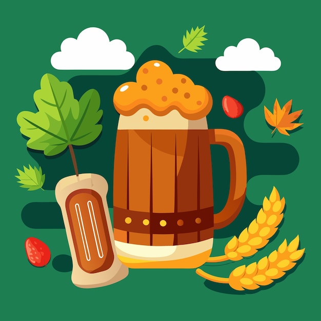 a mug of beer with a mug of beer and a leafy background