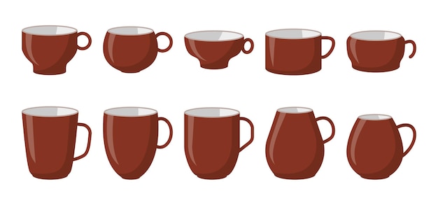 Mug brown ceramic coffee or tea cup  icon set flat different shape empty template. Cartoon style