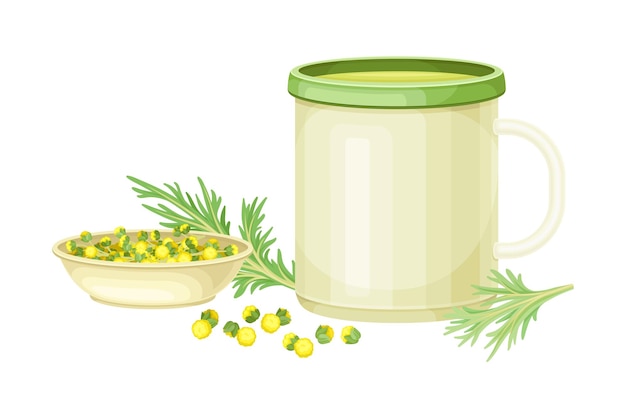 Mug Poured with Wormwood or Southernwood Plant Herbal Tea Vector Composition