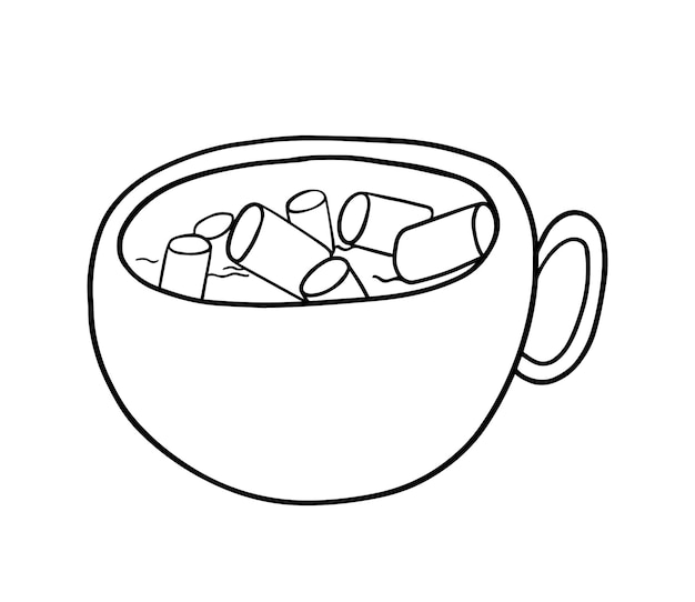 Mug with handle dishes with drink coffee cappuccino americano with marshmelo doodle linear cartoon coloring