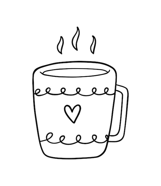 Mug with handle and hot drink coffee tea tableware doodle linear cartoon coloring