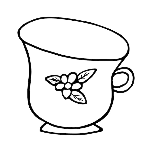 Mug with handle with flower and leaves for drink tea coffee juice doodle linear cartoon