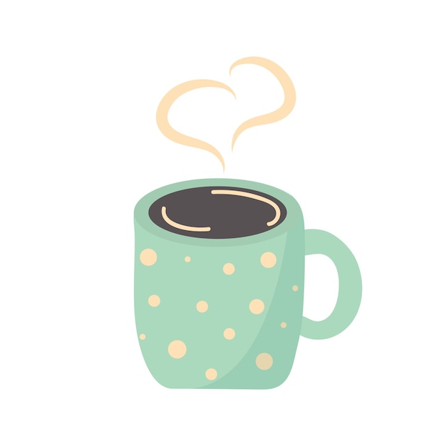 A mug with polka dots for a hot drink with heart shaped steam Vector illustration