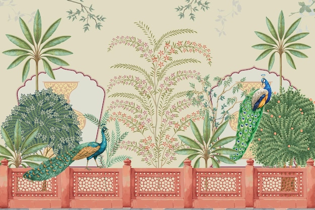 Vector mughal decorative garden with wall peacock tree arch illustration