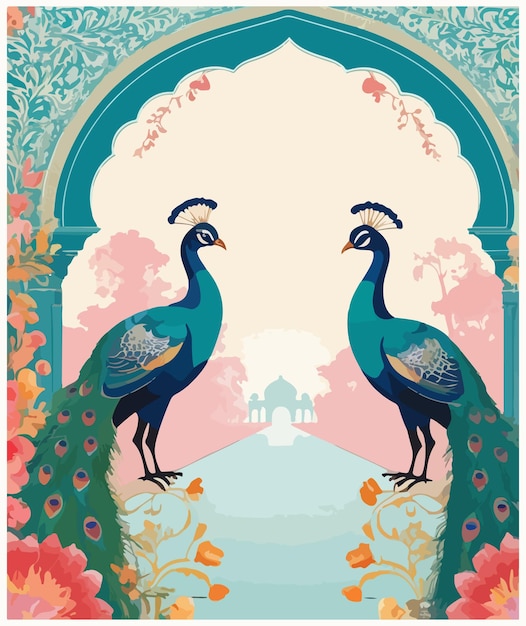 Vector mughal garden wedding invitation arch with peacocks vector illustration