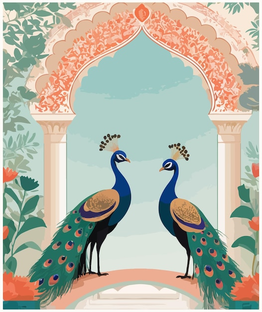 Mughal garden wedding invitation arch with peacocks vector illustration