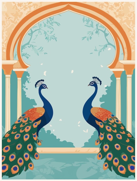 Vector mughal garden wedding invitation arch with peacocks vector illustration