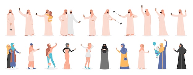 Mulim people taking selfie together set. Arabic characters taking photo of themselves with friends and family.   