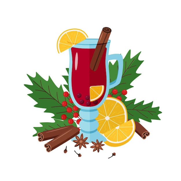 Mulled wine in a glass with orange slices cinnamon cloves and anise Christmas hot drink viburnum branches with berries Vector illustration cartoon style