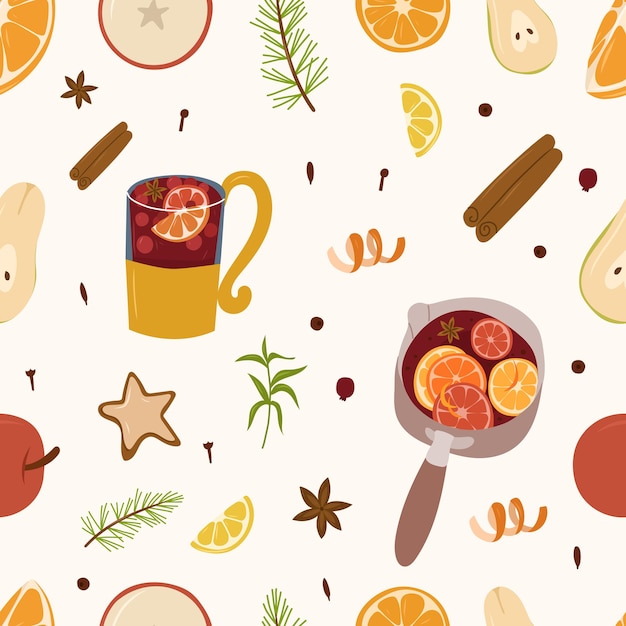 Mulled wine ingridients seamless pattern. Warm drink design elements.Vector cartoon illustration.