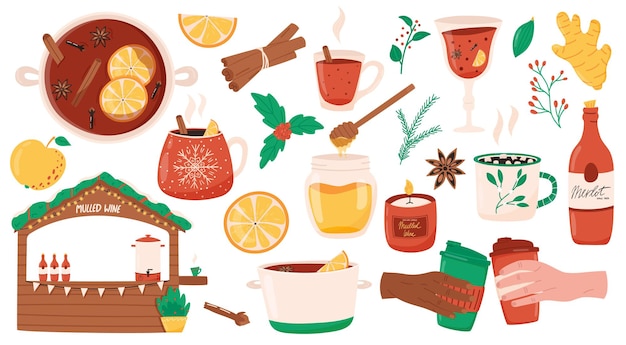 Mulled wine vector collection for Christmas and winter holidays hot beverage with anise clove spice