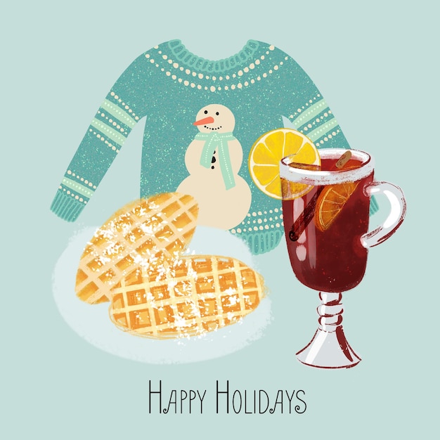 Mulled wine waffles and sweater illustration with text Happy Holidays