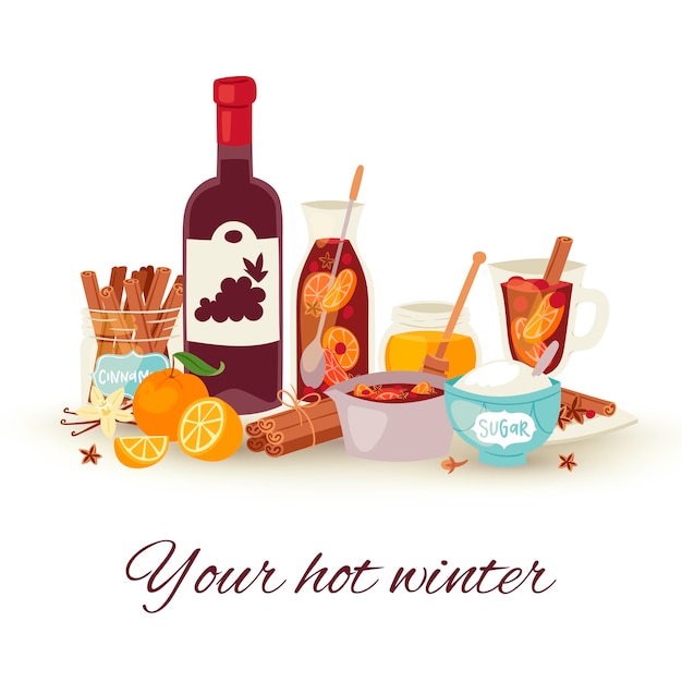 Vector mulled wine winter, hot drink vector illustration. mulledwine cocktail with spices anise, citrus fruit and cinnamon winter holidays beverage. alcohol winebowl glass and bottle.