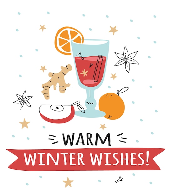 Vector mulled wine with ingredients postcard flat design poster for winter menu