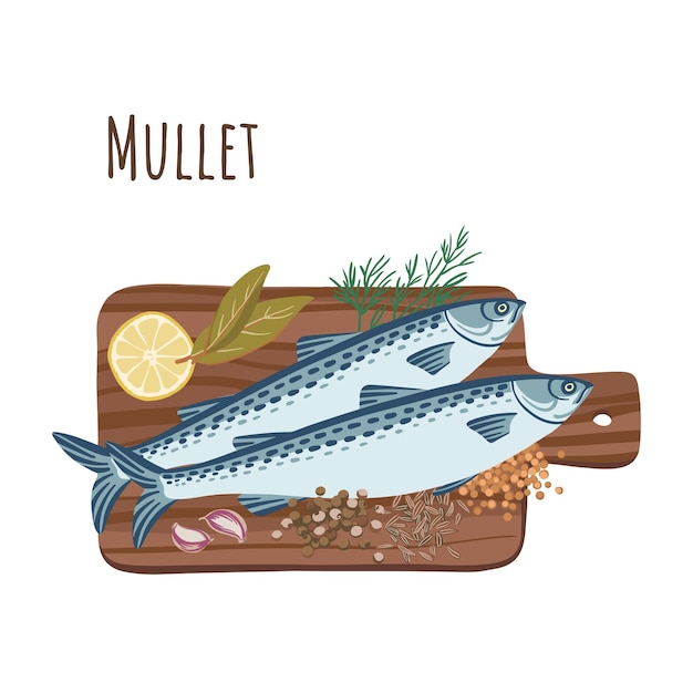 Vector mullet with seasonings on wooden tray. flat style. dill, lemon, allspice, caraway, bay leaf, garlic