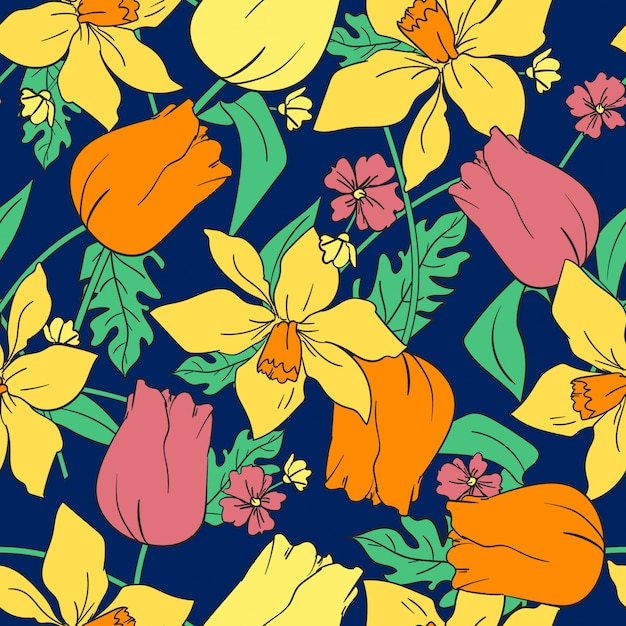 Multi-colored flowers seamless pattern