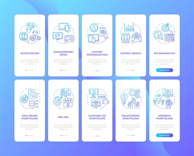 Multichannel marketing onboarding mobile app page screen with concepts set