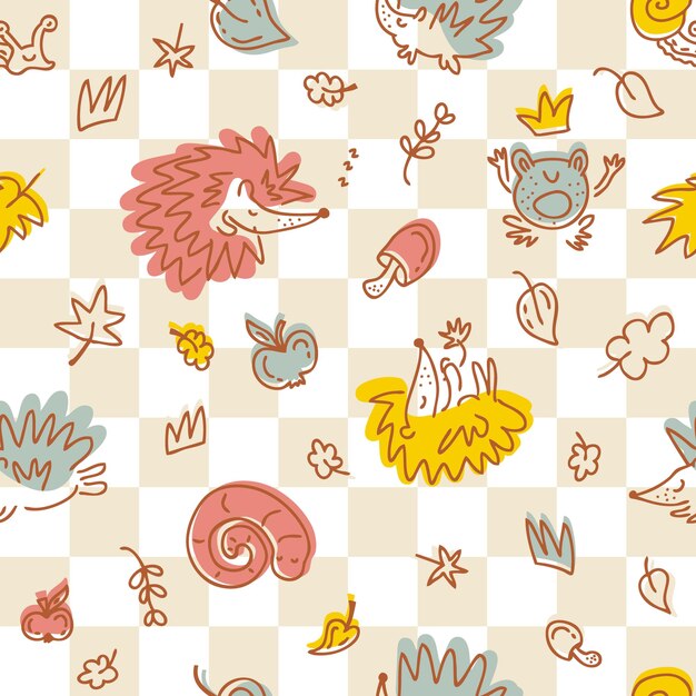 Multicolor autumn seamless pattern of hedgehogs on a checkered background Perfect for fabric scrapbooking textile and prints Sketch style vector illustration for decor and design