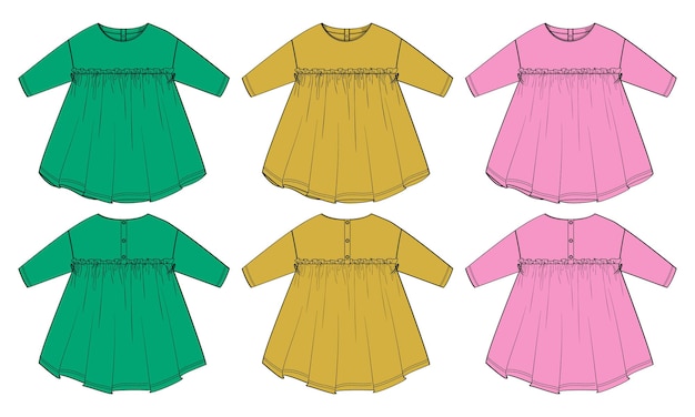 Multicolor Baby girls dress design technical Flat sketch vector illustration template