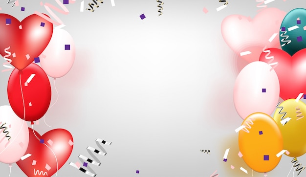 Multicolor balloons with confetti on gray background