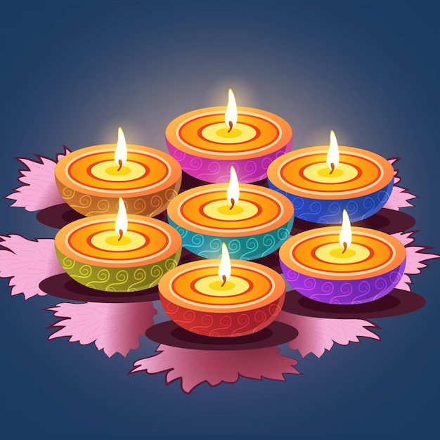 Multicolor Lit Diyali Oil Lamp on Rangoli at Blue Background Diwali Greeting Card or Poster Design