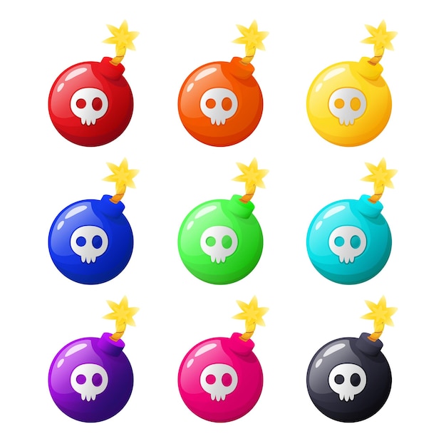 Multicolored bombs with skulls in a cartoon style