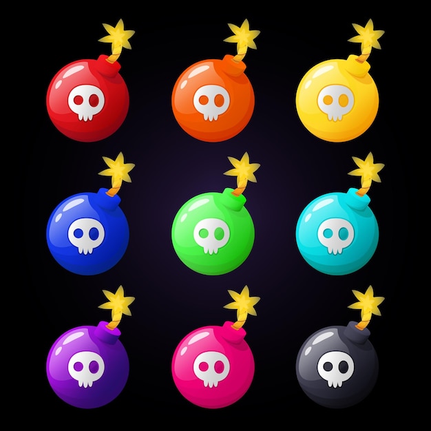 Multicolored bombs with skulls in a cartoon style