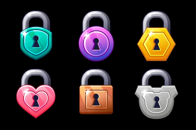 Multicolored closed lock shapes square round and hearts Set padlock hidden or locked object