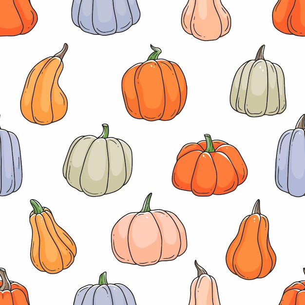 Multicolored different pumpkins cartoon doodle seamless pattern Contour cute illustration