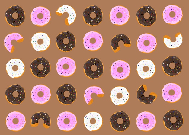 A multicolored donuts with icing and white pink chocolate sprinkles texture pattern